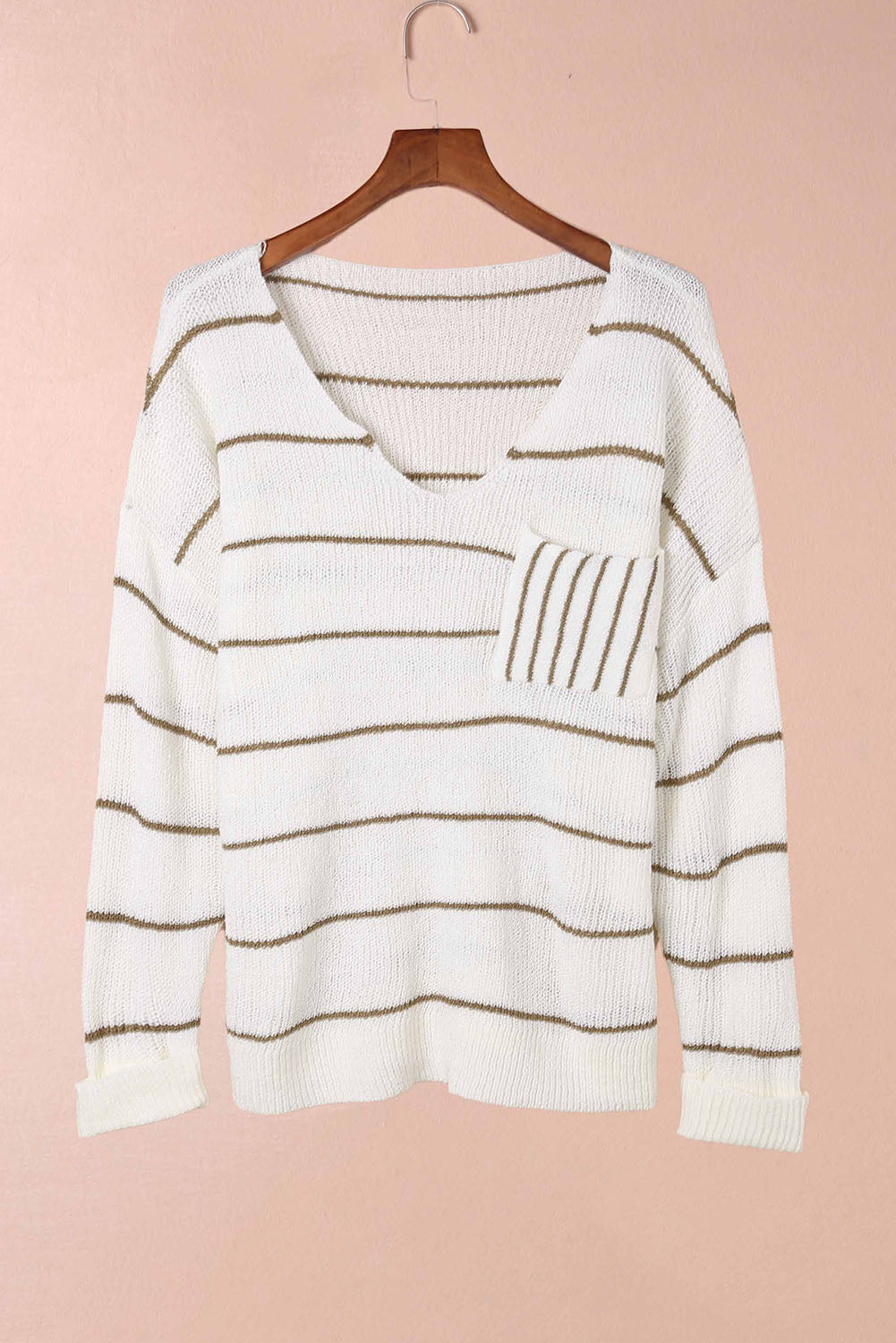 LIZAKOSHT  -  Striped V-Neck Drop Shoulder Sweater