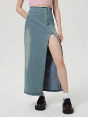 LIZAKOSHT  -  Slit Denim Skirt with Zip