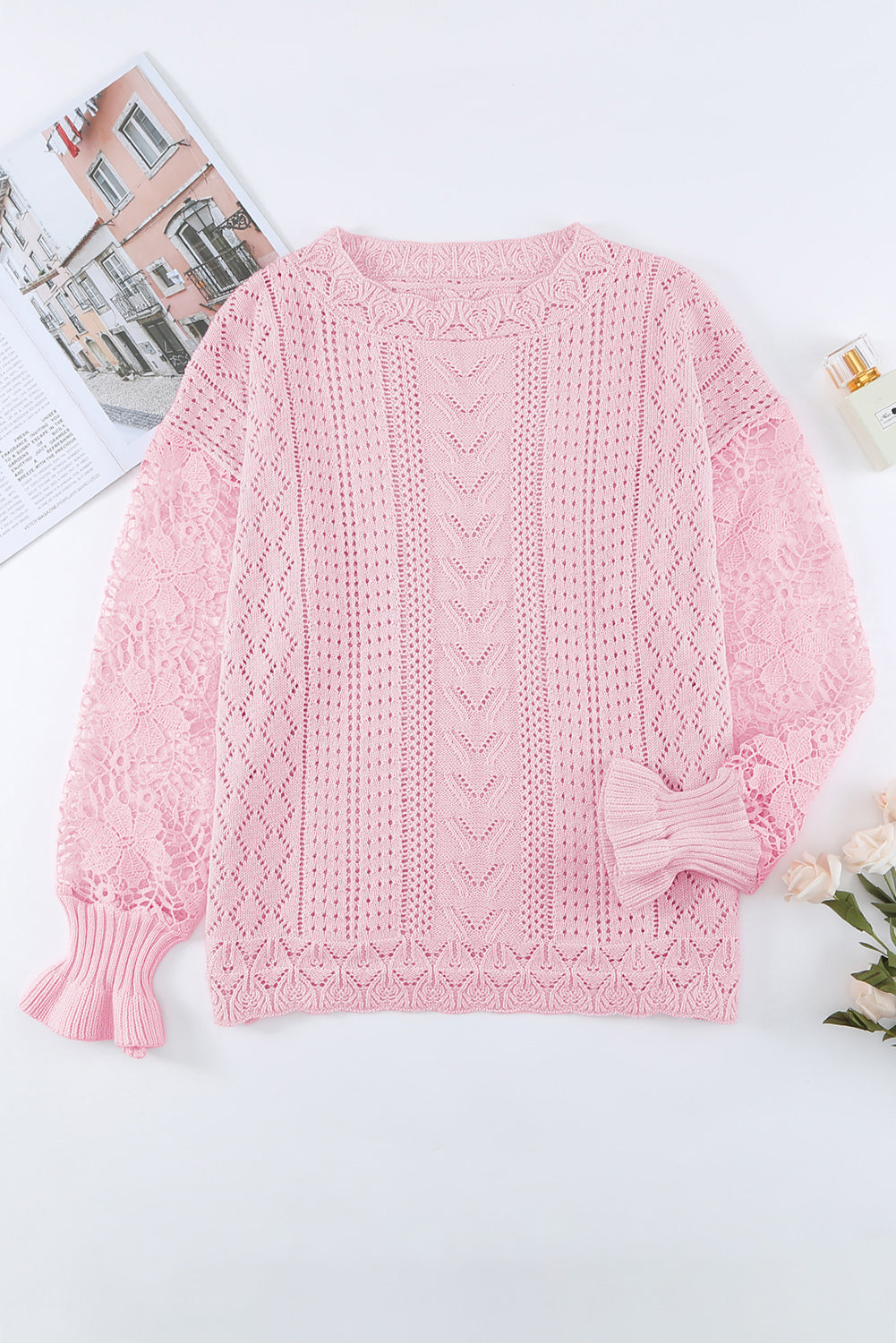 LIZAKOSHT  -  Openwork Round Neck Long Sleeve Sweater