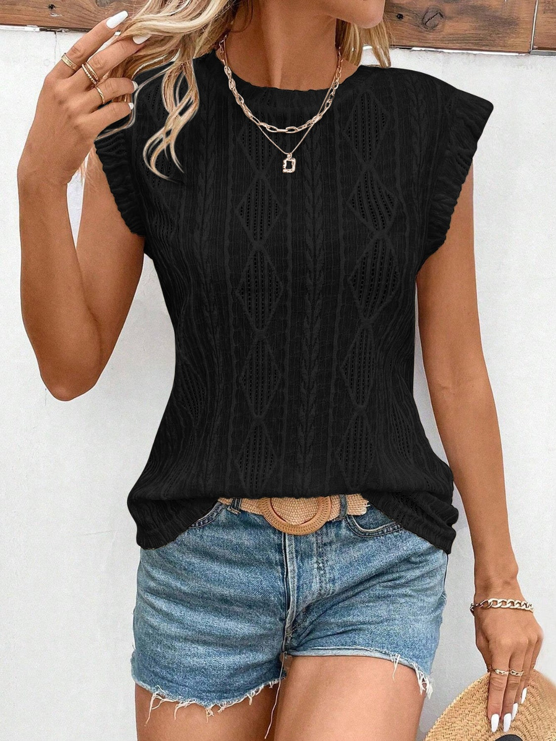 LIZAKOSHT  -  Openwork Round Neck Cap Sleeve Top