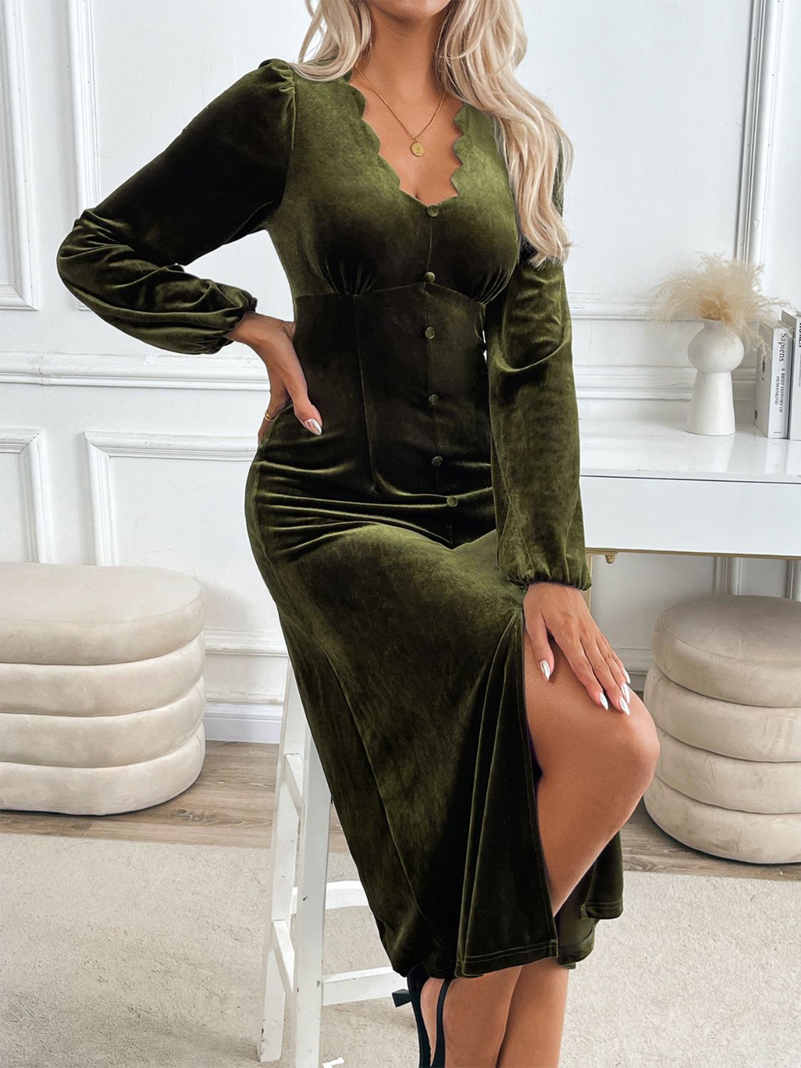 LIZAKOSHT  -  Perfee Slit V-Neck Long Sleeve Midi Dress