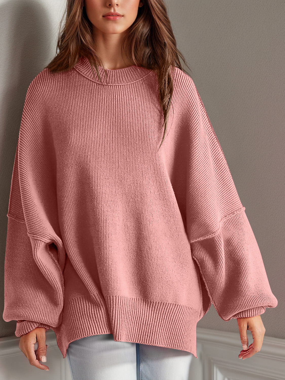 LIZAKOSHT  -  Double Take Side Slit Round Neck Long Sleeve Sweater