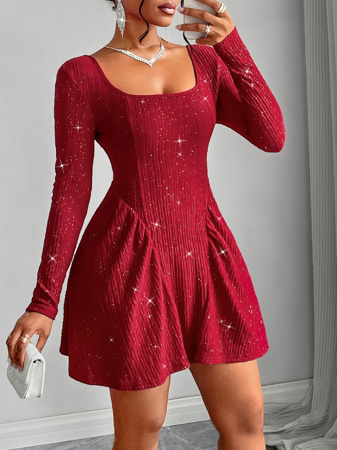 LIZAKOSHT  -  Backless Glitter Square Neck Long Sleeve Mini Dress