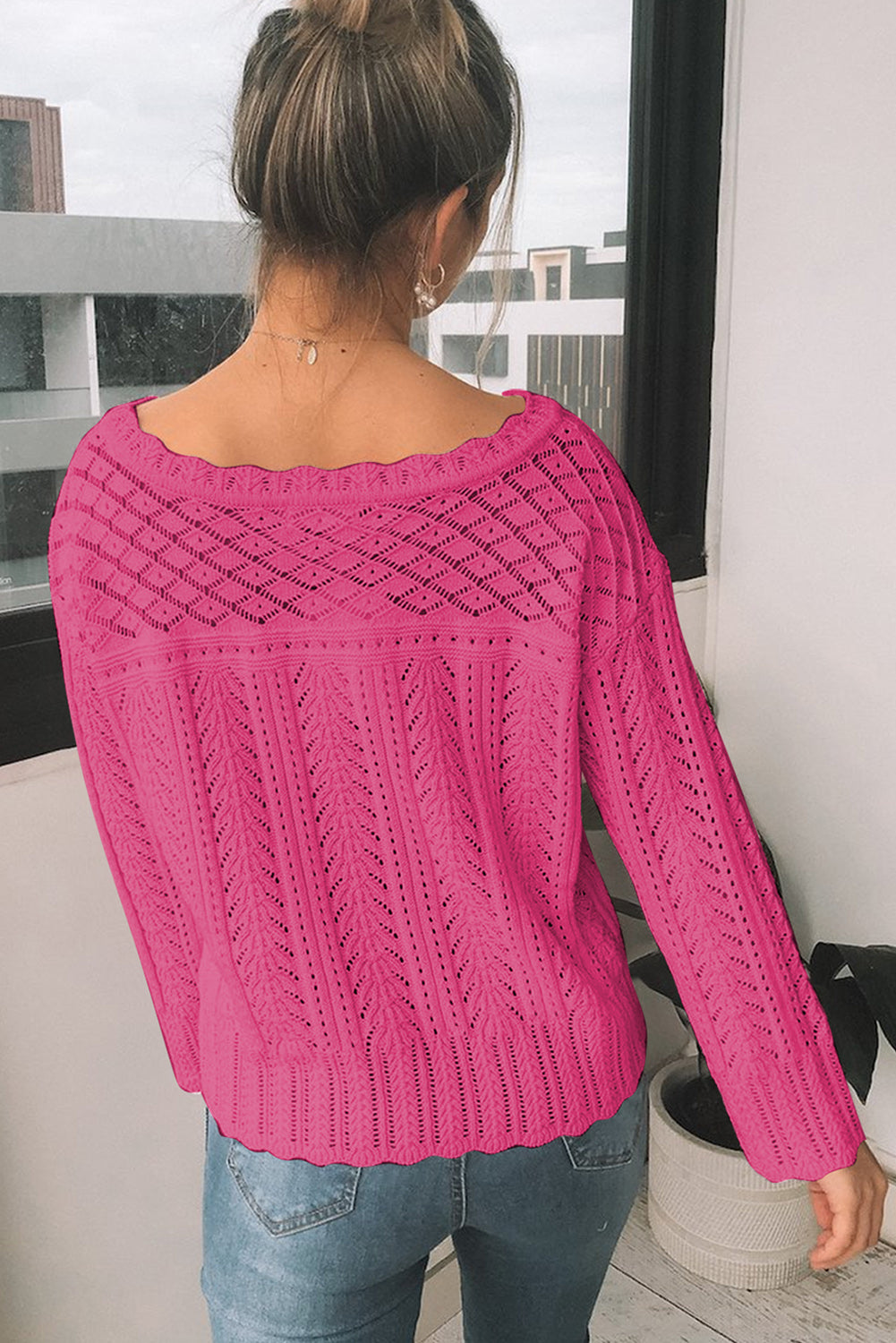 LIZAKOSHT  -  Openwork Round Neck Long Sleeve Knit Top