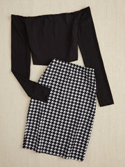 LIZAKOSHT  -  Off-Shoulder Long Sleeve Top and Houndstooth Skirt Set