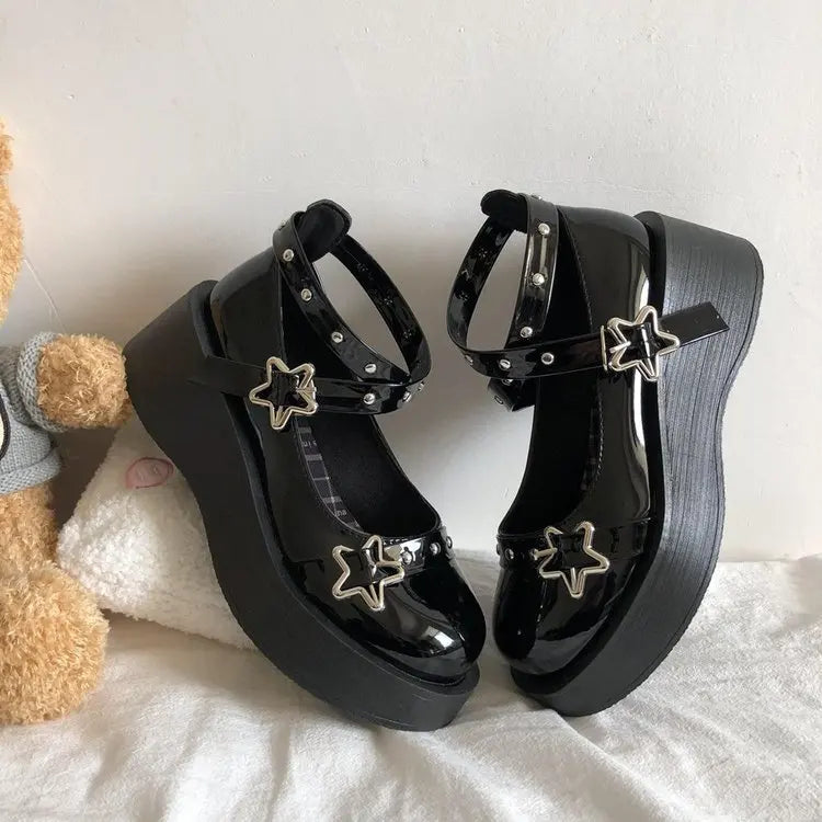 LIZAKOSHT  -  Lolita Shoes Gothic Chunky Star Buckle Mary Jane Shoes Cute Platform Cross-Tied Wedges Loli Thick Heel Casual Shoes Cosplay