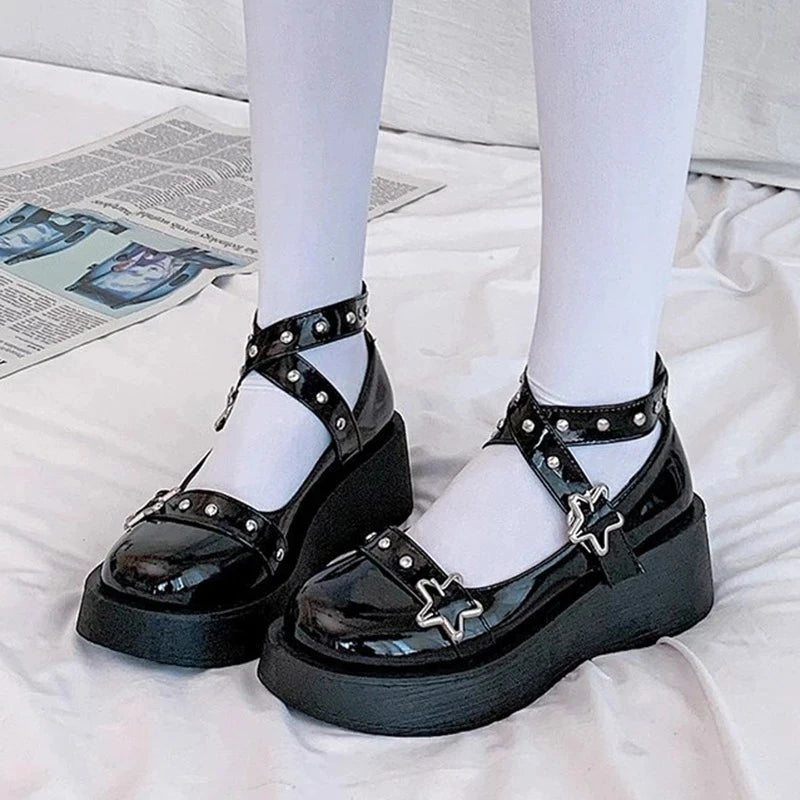 LIZAKOSHT  -  Lolita Shoes Gothic Chunky Star Buckle Mary Jane Shoes Cute Platform Cross-Tied Wedges Loli Thick Heel Casual Shoes Cosplay