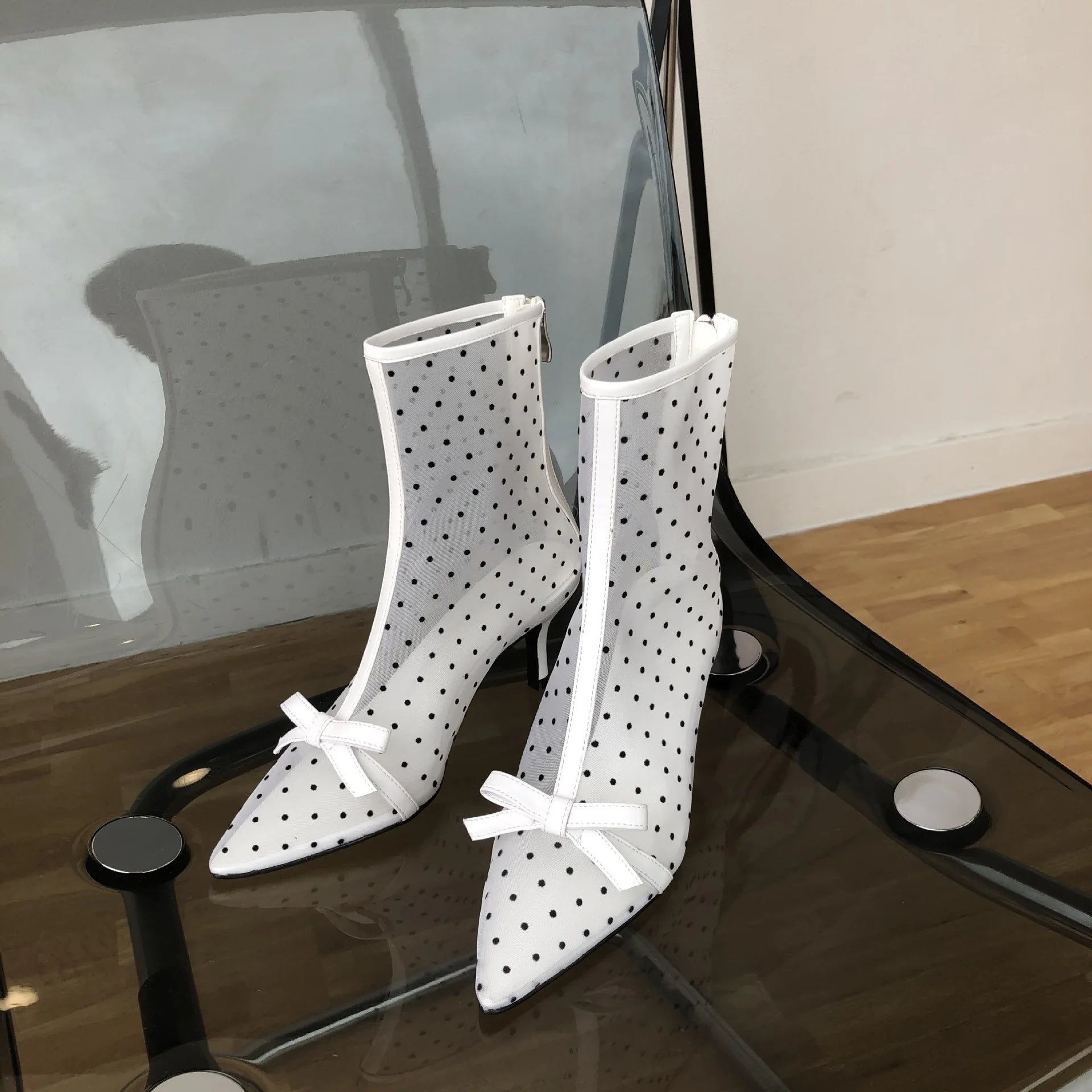 LIZAKOSHT Korean-Style Sexy Pointed Mesh Polka Dot Breathable Hollow Bow Stiletto Ankle Boots for Women