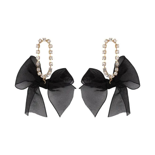 Lizakosht Korean Dangle Drop Earrings Kawaii Cute Women Wholesale Black Tulle Yarn Rhinestone Bow Knot Tie Fall Winter Fashion Jewelry