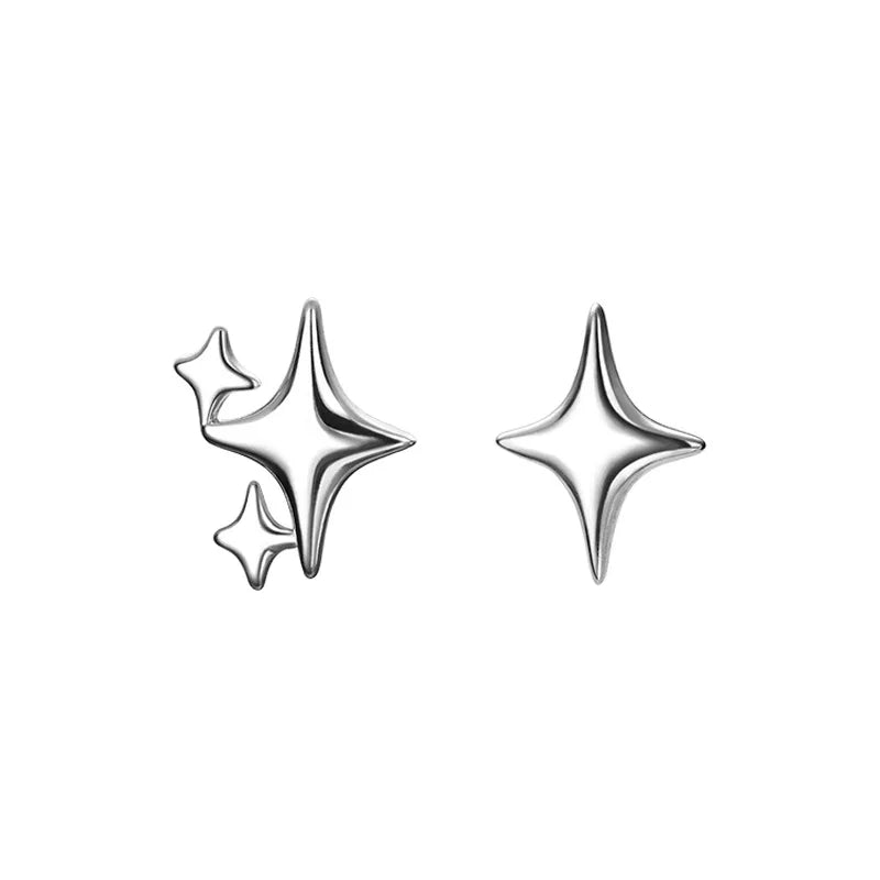 Lizakosht Asymmetric Four-pointed Star Earrings for Women Super Fairy Stud Earring Simple Silver Color Jewelry