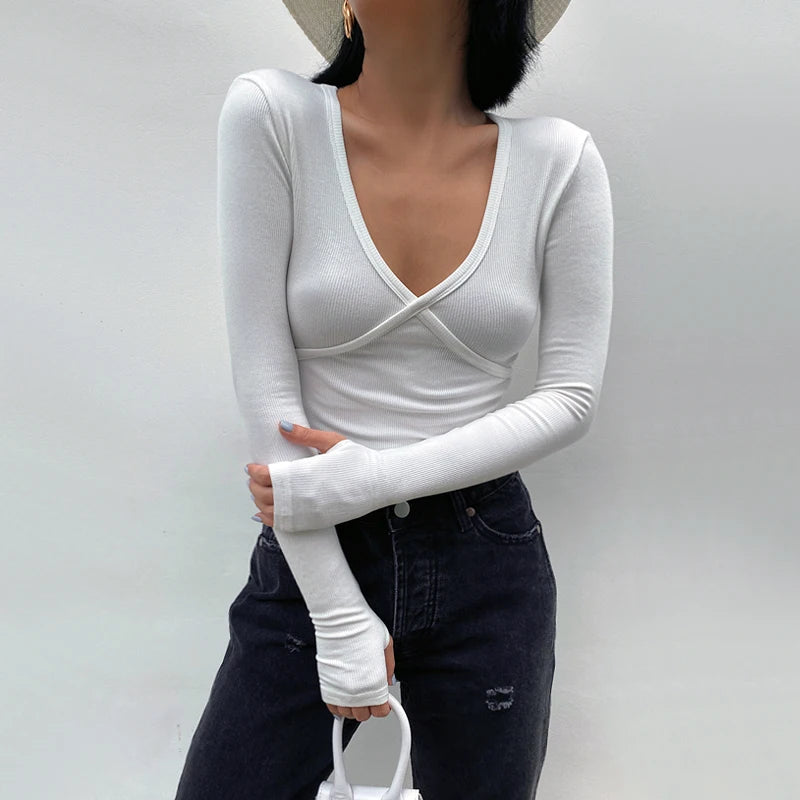 Lizakosht Summer sexy t shirt for women vintage long sleeve crop top white casual  thumb hole top korean ribbed top cross seam tees v neck