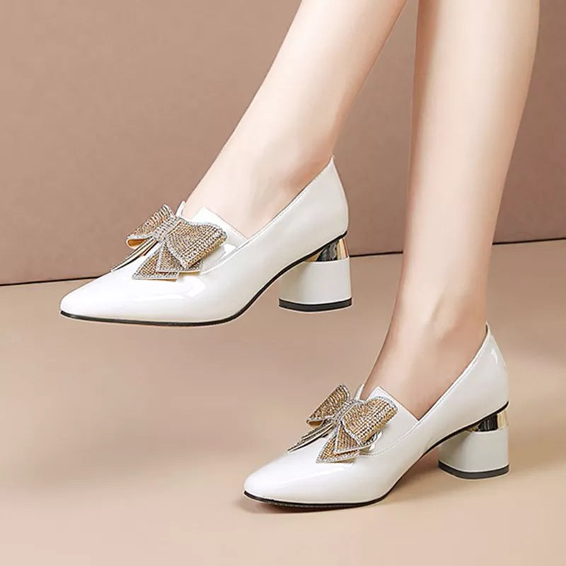 LIZAKOSHT Women Patent Leather Dress Shoes High Heels White Wedding Shoes Bridal Bling Bow Pumps Slip on Ladies Shoes Spring Autumn 9352 N