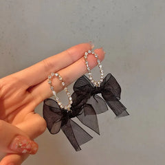 Lizakosht Korean Dangle Drop Earrings Kawaii Cute Women Wholesale Black Tulle Yarn Rhinestone Bow Knot Tie Fall Winter Fashion Jewelry