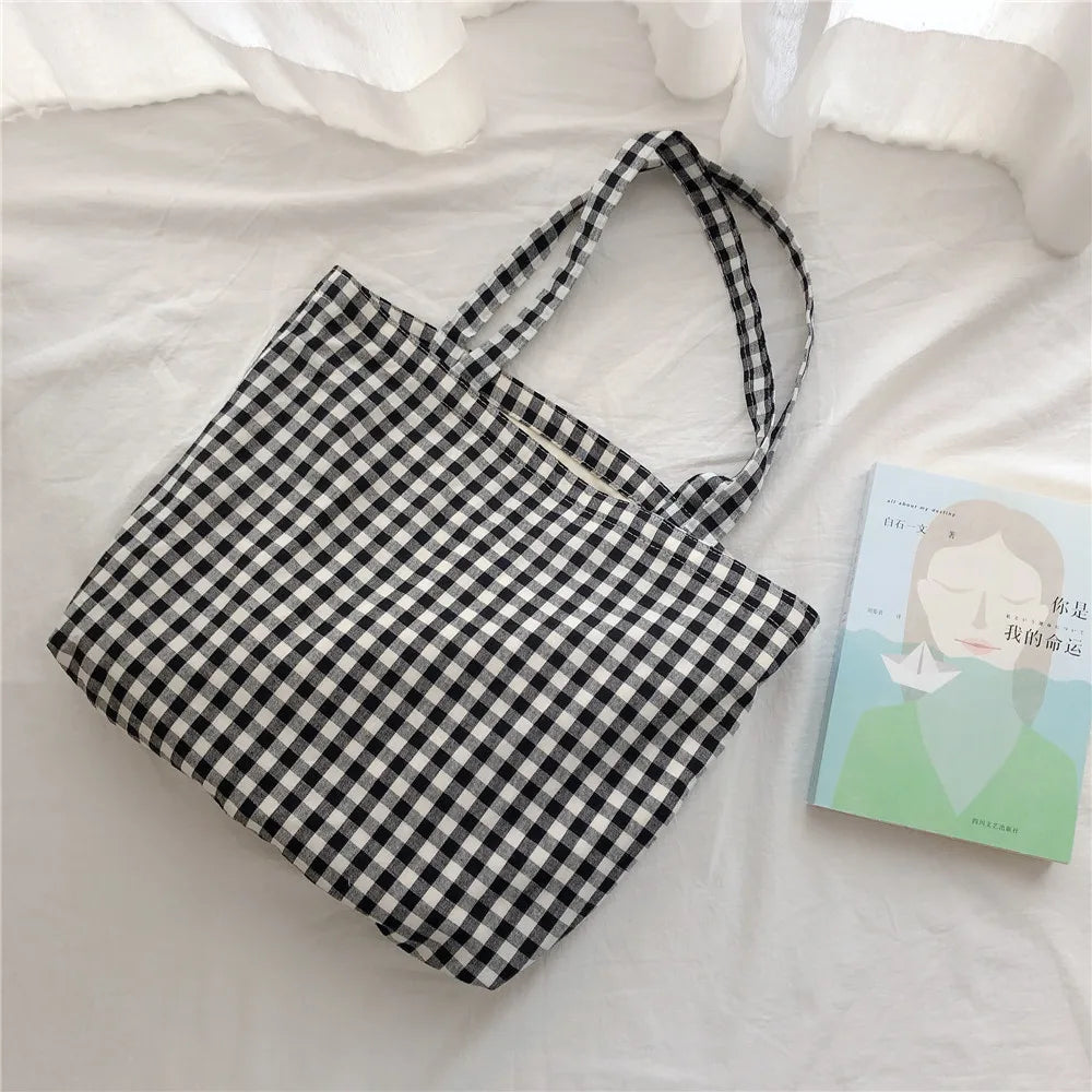 LIZAKOSHT  -  Fashion Cotton Plaid Shoulder Bag Daily Environmental Durable Cloth Reusable Shopping Tote Women Travel Handbag