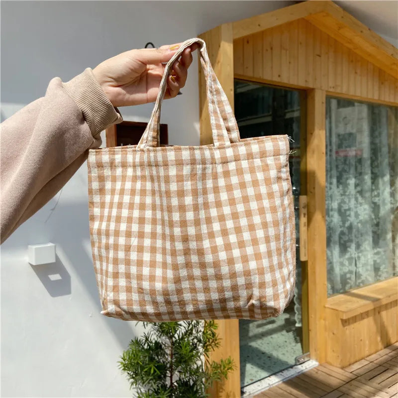 LIZAKOSHT  -  Portable Cotton Hemp Plaid Lunch Bag For Women Japanese Kids Bento  Bags Breakfast Food Box  Picnic Travel Small Tote Pouch