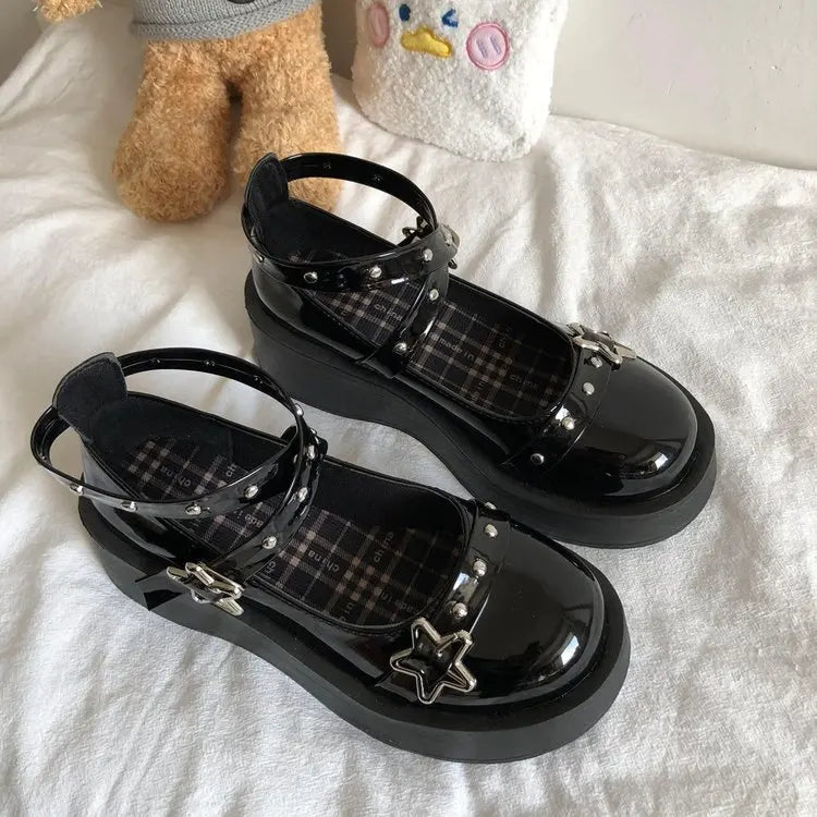 LIZAKOSHT  -  Lolita Shoes Gothic Chunky Star Buckle Mary Jane Shoes Cute Platform Cross-Tied Wedges Loli Thick Heel Casual Shoes Cosplay