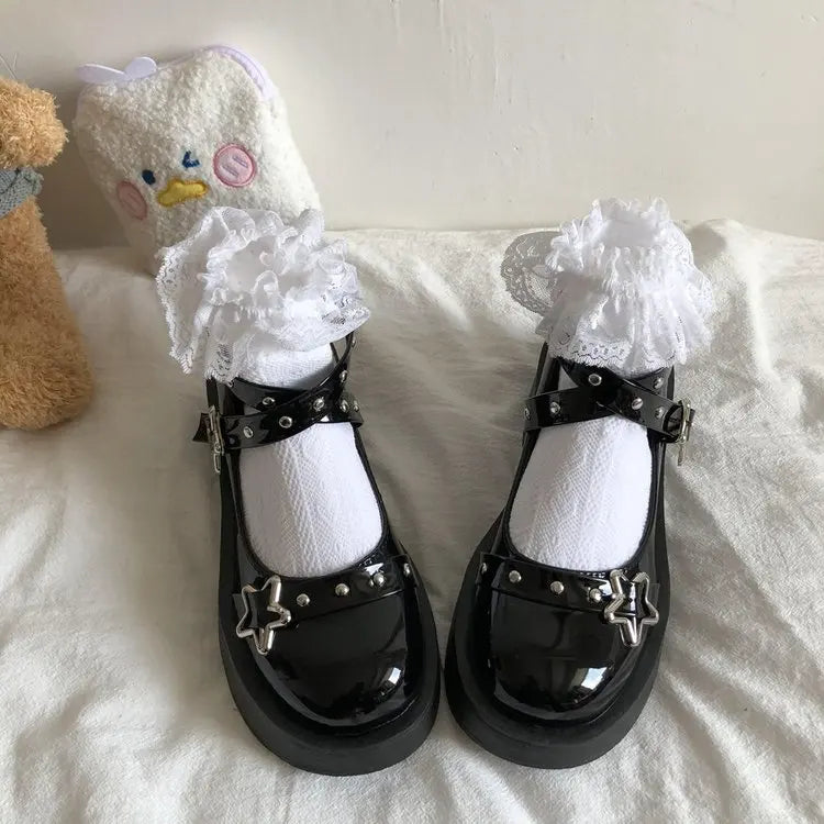 LIZAKOSHT  -  Lolita Shoes Gothic Chunky Star Buckle Mary Jane Shoes Cute Platform Cross-Tied Wedges Loli Thick Heel Casual Shoes Cosplay