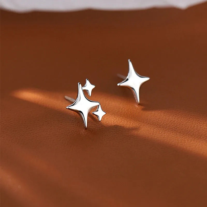 Lizakosht Asymmetric Four-pointed Star Earrings for Women Super Fairy Stud Earring Simple Silver Color Jewelry