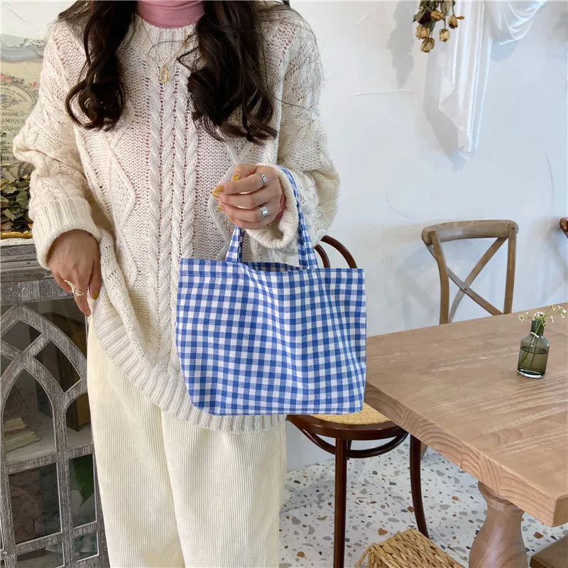 LIZAKOSHT  -  Portable Cotton Hemp Plaid Lunch Bag For Women Japanese Kids Bento  Bags Breakfast Food Box  Picnic Travel Small Tote Pouch