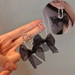 Lizakosht Korean Dangle Drop Earrings Kawaii Cute Women Wholesale Black Tulle Yarn Rhinestone Bow Knot Tie Fall Winter Fashion Jewelry