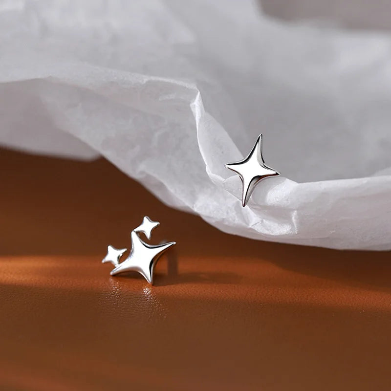 Lizakosht Asymmetric Four-pointed Star Earrings for Women Super Fairy Stud Earring Simple Silver Color Jewelry