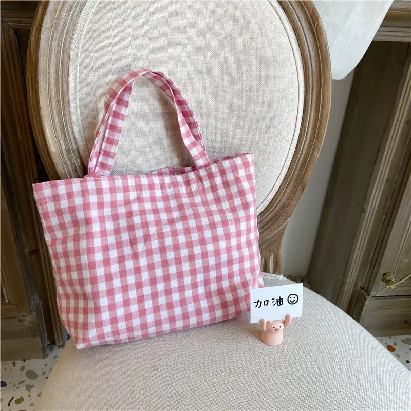 LIZAKOSHT  -  Portable Cotton Hemp Plaid Lunch Bag For Women Japanese Kids Bento  Bags Breakfast Food Box  Picnic Travel Small Tote Pouch