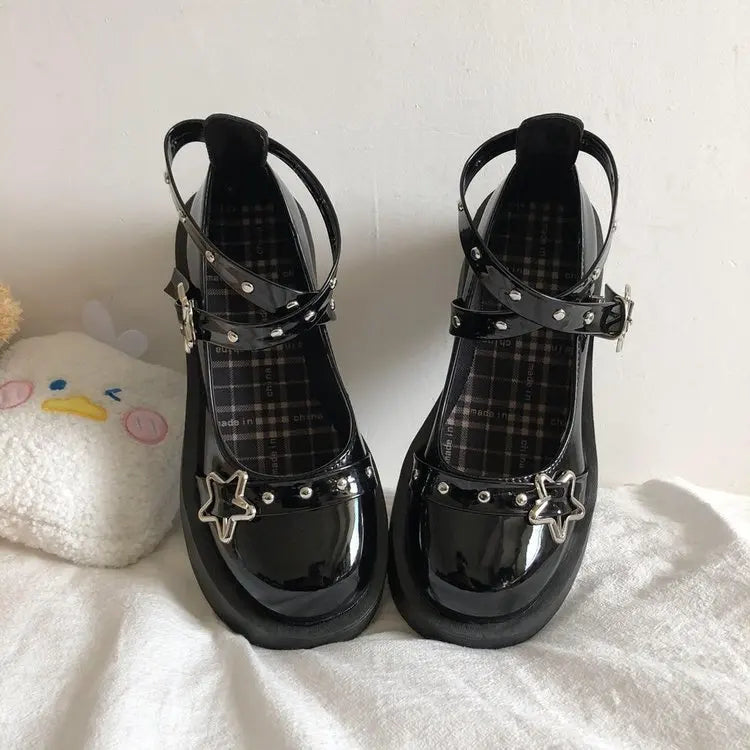 LIZAKOSHT  -  Lolita Shoes Gothic Chunky Star Buckle Mary Jane Shoes Cute Platform Cross-Tied Wedges Loli Thick Heel Casual Shoes Cosplay