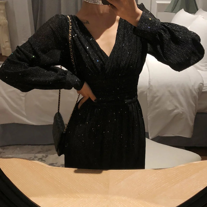 Lizakosht Brand New Women Elegant Dress High Quality V-neck Long Sleeve Glitter Dress Sexy Dresses Party Night Club Dress Vestidos