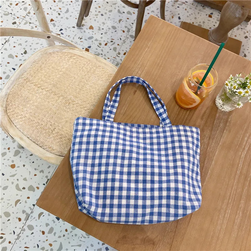 LIZAKOSHT  -  Portable Cotton Hemp Plaid Lunch Bag For Women Japanese Kids Bento  Bags Breakfast Food Box  Picnic Travel Small Tote Pouch