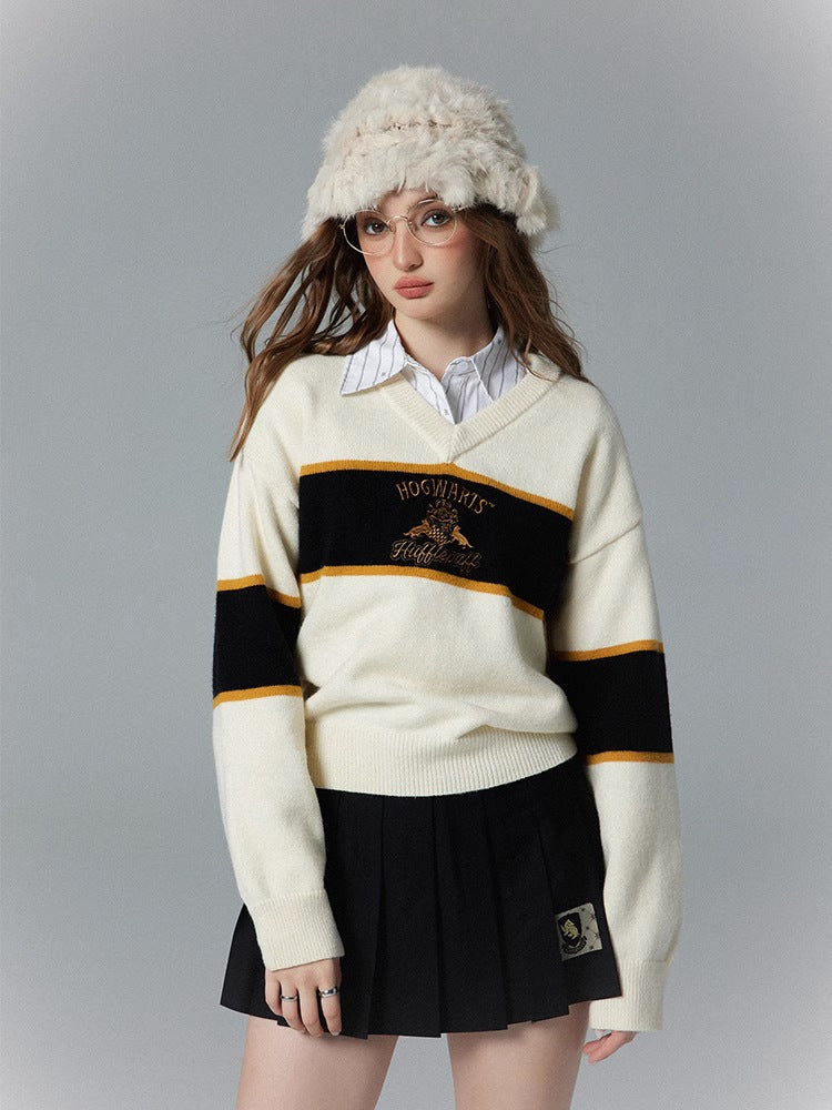 fall outfits 2024 2024 Spring and Autumn New Harry Potter Embroidered Striped Contrast Color Sweater Sweater Women's V-neck Sweet All-Match Top