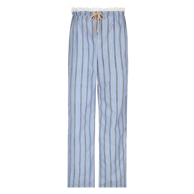 y2k Women's Striped Stitching Contrast Color High Waist Drawstring Loose Straight Woven Fashionable Casual Comfortable Trousers