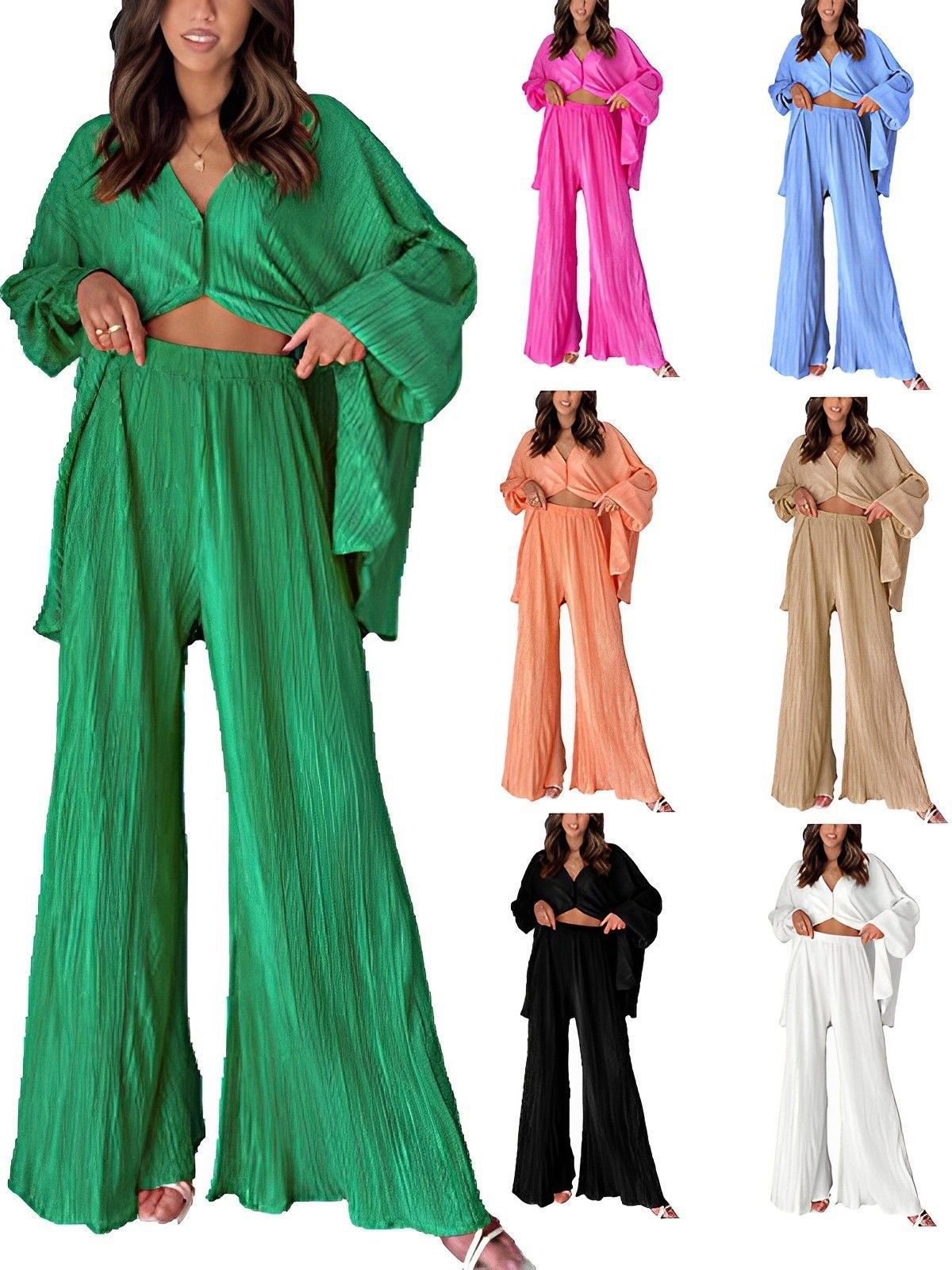 LIZAKOSHT  -  New Cross-border Women's Spring Solid Color Pleated Single-breasted Top High Waist Wide-leg Flared Pants Home Wear Suit