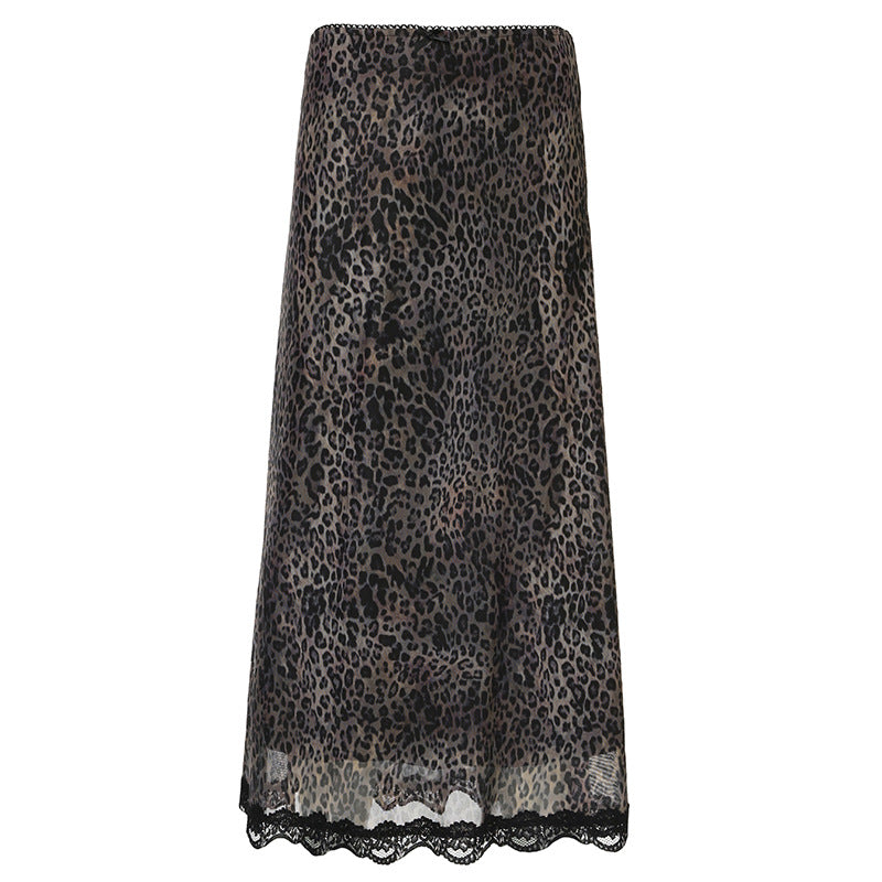 American Retro Leopard Print Stitching Lace Skirt Autumn New Fashionable Fashionable Western Style High Waist Slimming Midi Skirt for Women