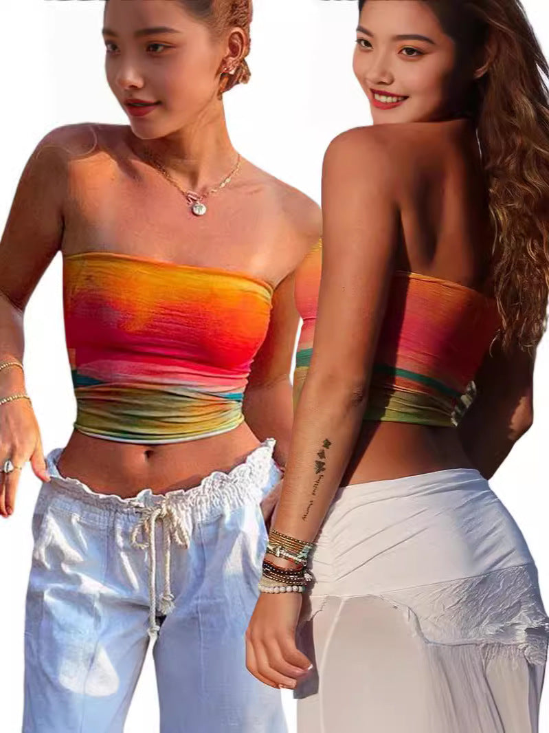 LIZAKOSHT  -  Women Wrap Chest Tube Tops Print Boat Neck Strapless Tank Tops Summer Backless Bandeau Crop Tops Fashion Light