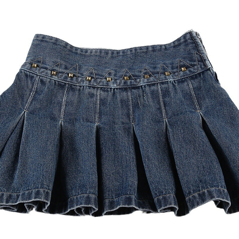 American Style Low Waist Retro Denim Short Skirt Women's Summer 2024 New Washed Rivet Street A- line Pleated Skirt