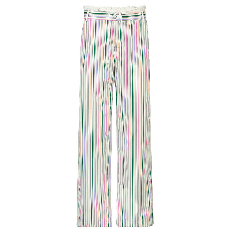 y2k Women's Striped Stitching Contrast Color High Waist Drawstring Loose Straight Woven Fashionable Casual Comfortable Trousers