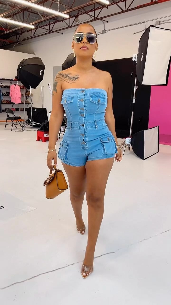 LIZAKOSHT  -  PopularGirl 2024 Summer New Denim Jumpsuit F88554 Tube Top Stretch One-Piece Shorts