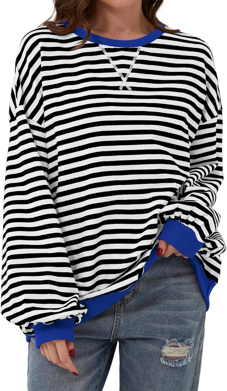 LIZAKOSHT  -  Fisoew Womens Striped Oversized Sweatshirt Color Block Crew Neck Long Sleeve Shirt Casual Loose Pullover Top Y2K Clothes