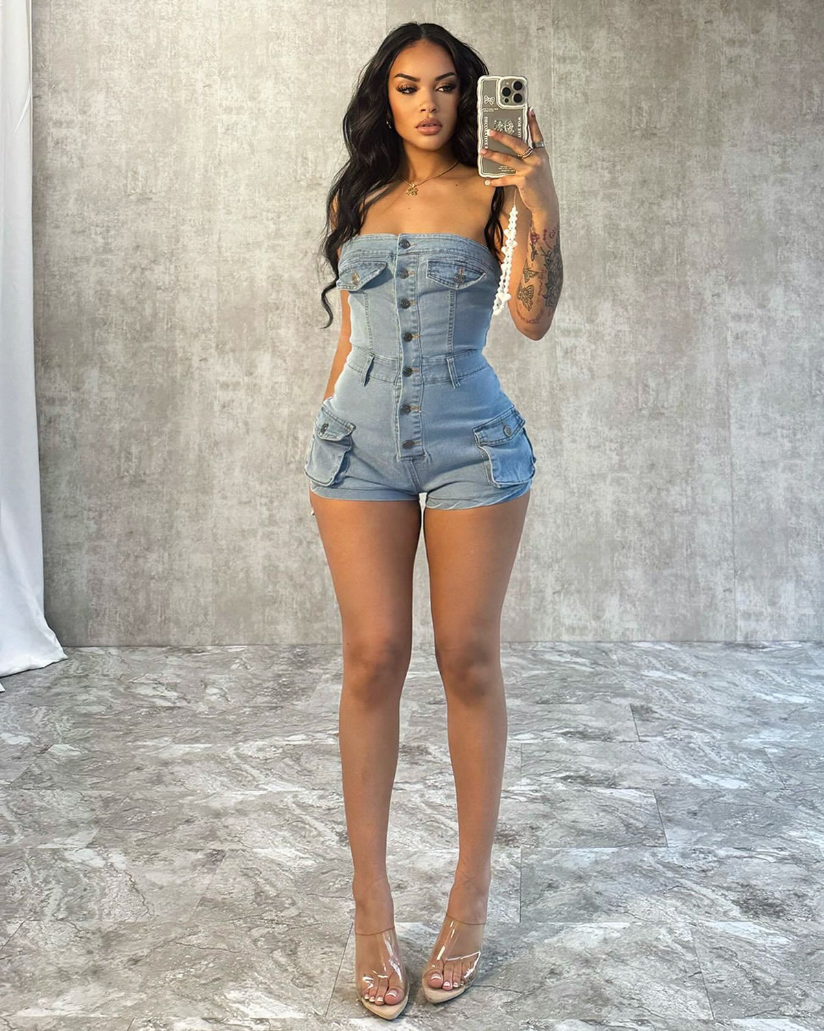 LIZAKOSHT  -  PopularGirl 2024 Summer New Denim Jumpsuit F88554 Tube Top Stretch One-Piece Shorts