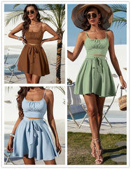 LIZAKOSHT  -   Two-Piece Set Women's Ruched Shirred Crop Cami Top & Belted A-Line Skirt Set, Solid Spaghetti Strap Top & High Waist Flared Skirt Set For Summer, Fashion Chic Women's Two-Piece Outfits For Beach Vacation Holiday Party, Summer Clothes Women