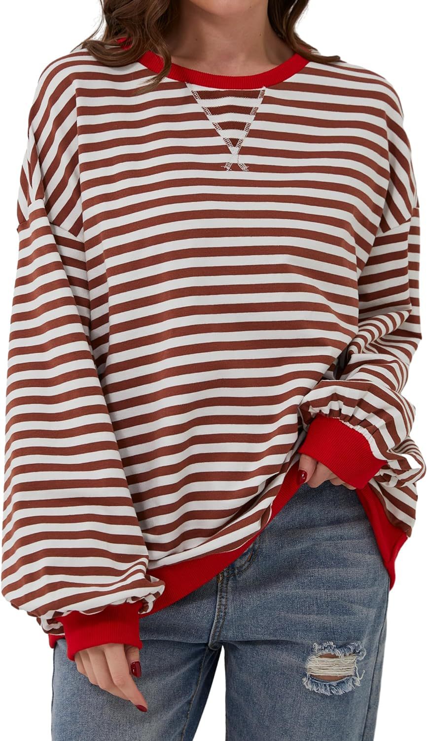 LIZAKOSHT  -  Fisoew Womens Striped Oversized Sweatshirt Color Block Crew Neck Long Sleeve Shirt Casual Loose Pullover Top Y2K Clothes