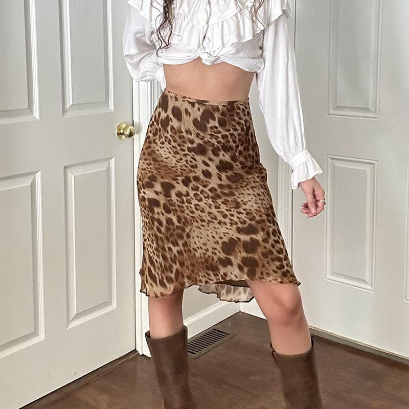 American Retro Street Style Leopard Print Mesh Skirt Summer Slim Slimming High Waist Fashion Temperament Sheath a Skirt