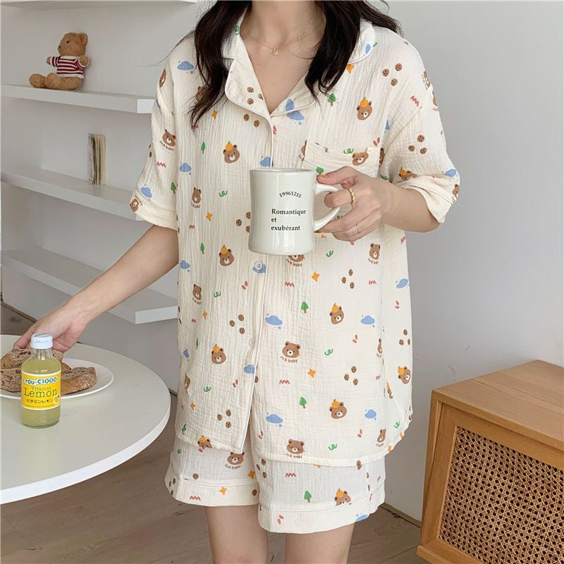 LIZAKOSHT  -  Women's All Over Print Elastic Waist Pyjama Set, Button Front Top & Bow Decor Shorts, Summer Sleepwear, Pajama Sets Women, Nightwear Set for Women