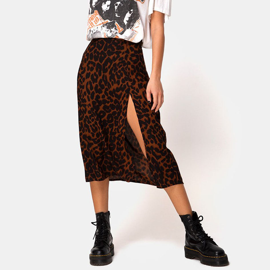 LIZAKOSHT  -  Flower Leopard Print High Waist Elastic Split Long A-line Skirt for Women 11 Colors 4 Sizes