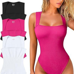 LIZAKOSHT  -  Women's 3 Piece Basic Bodysuits Sexy Ribbed Strappy Square Neck Sleeveless Bodysuits