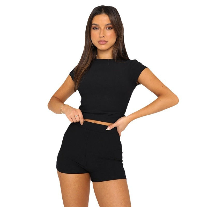 LIZAKOSHT  -  Women's Solid Round Neck Crop Tee & High Waist Shorts Set, Casual Cap Sleeve T-shirt & Skinny Shorts, Ladies Summer Clothes