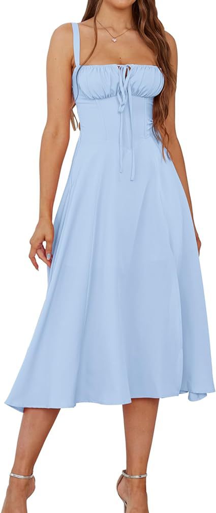 LIZAKOSHT  -  Women's Plain Ruched Lace Up Split Cami Dress, Elegant Tie Front Sleeveless Midi Dress for Summer, Fashion Women's Dress for Beach Holiday, Summer Clothes, Summer Outfits 2024