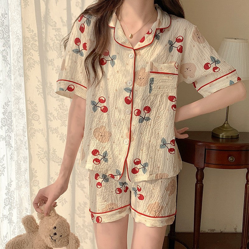 LIZAKOSHT  -  Women's All Over Print Elastic Waist Pyjama Set, Button Front Top & Bow Decor Shorts, Summer Sleepwear, Pajama Sets Women, Nightwear Set for Women