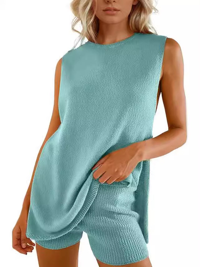 LIZAKOSHT  -  Womens Summer Knit Sweater Set Sleeveless Tunic Top Matching Shorts 2 Piece Outfits Trendy Beach Vacation Set