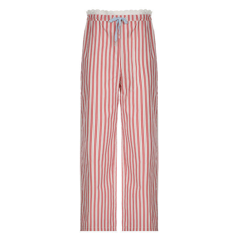 y2k Women's Striped Stitching Contrast Color High Waist Drawstring Loose Straight Woven Fashionable Casual Comfortable Trousers